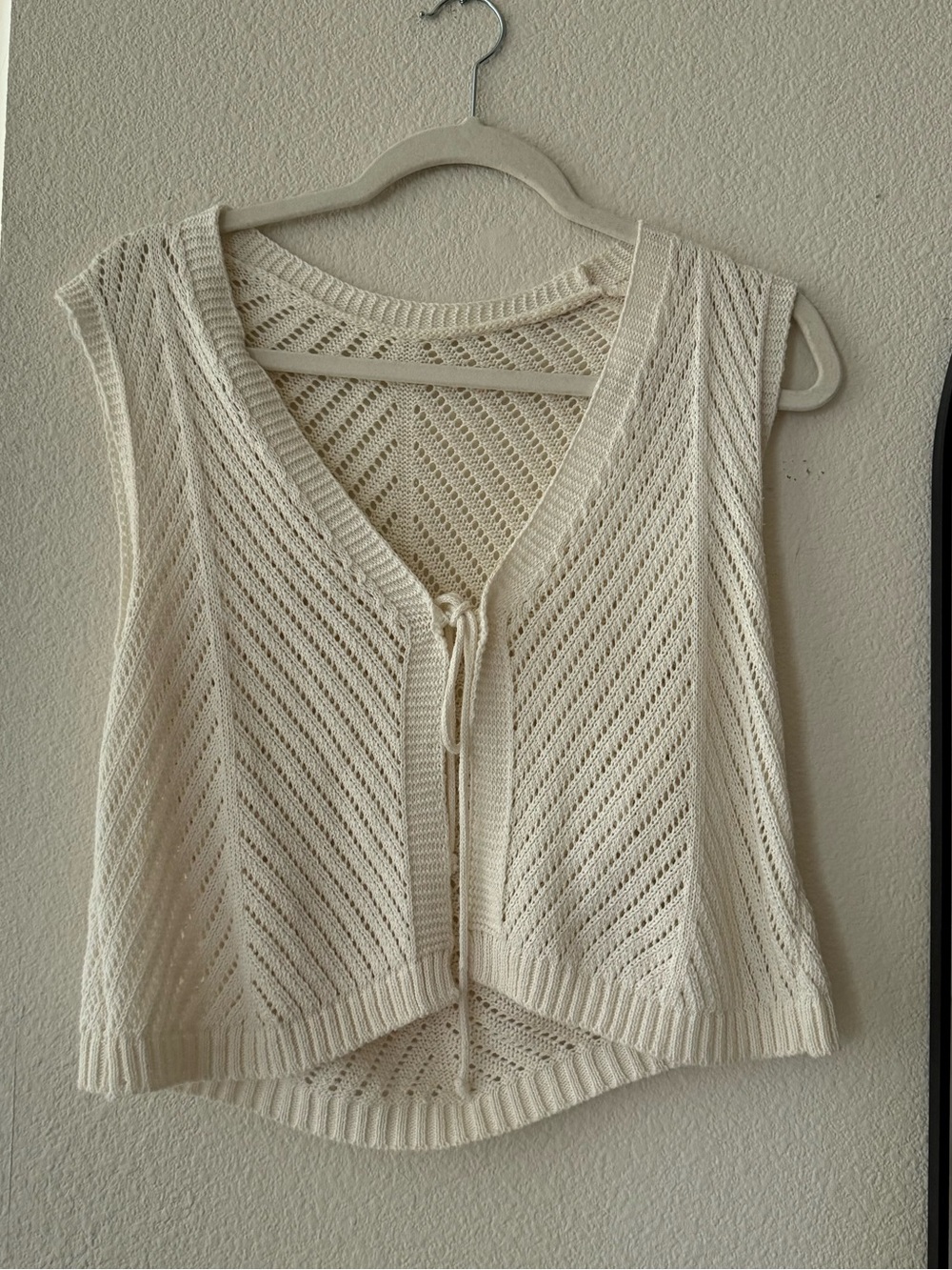 Ivory Pointelle Knit Tie Front Sweater Vest Cropped Coquette Cottagecore